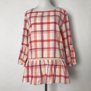 🎁 Bobeau Plaid Pink Size Medium Scoop Neck Women’s 3/4 Sleeve Top